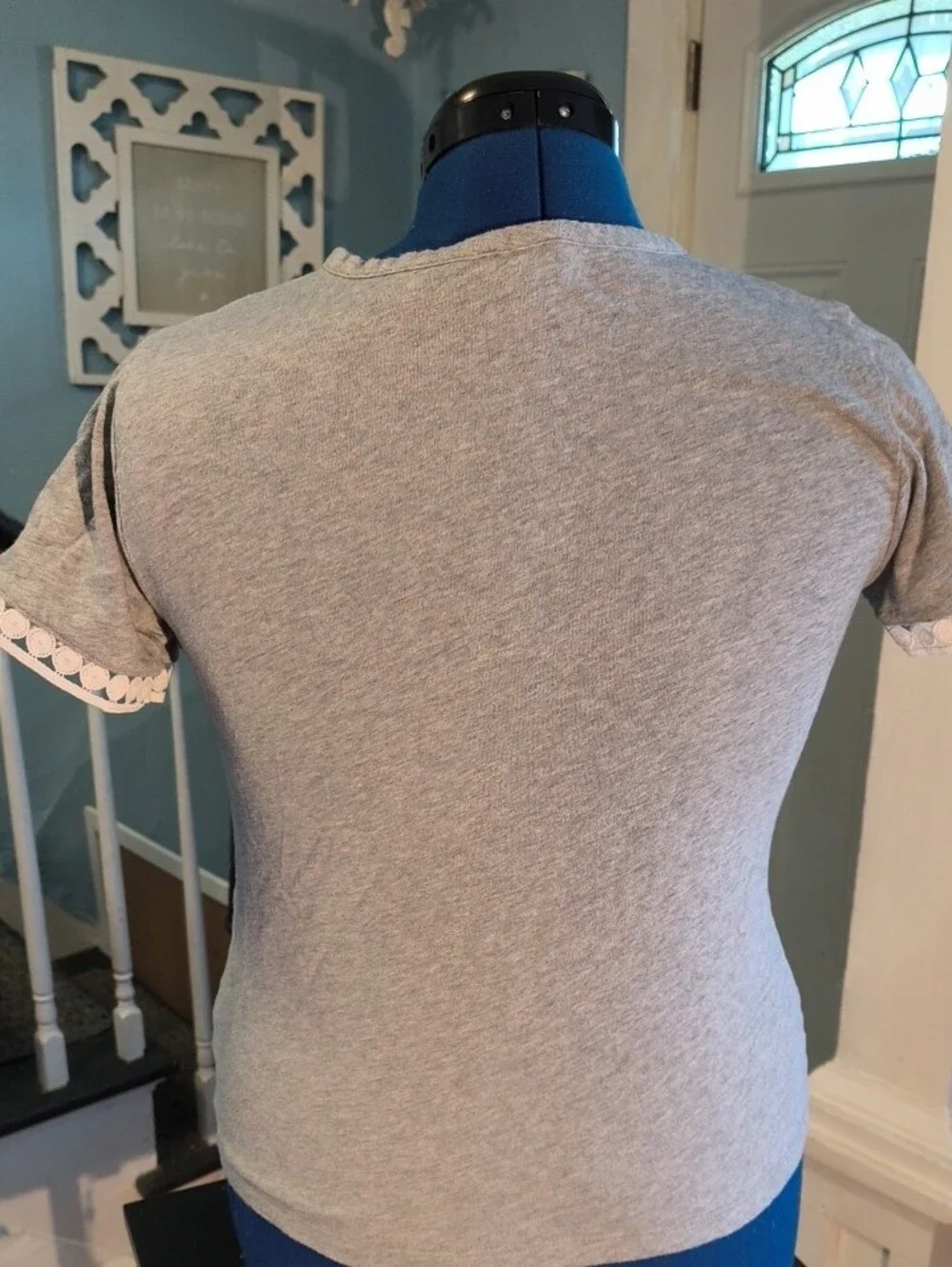 J Crew Women's Gray Crew Neck Tee with Lace Trim